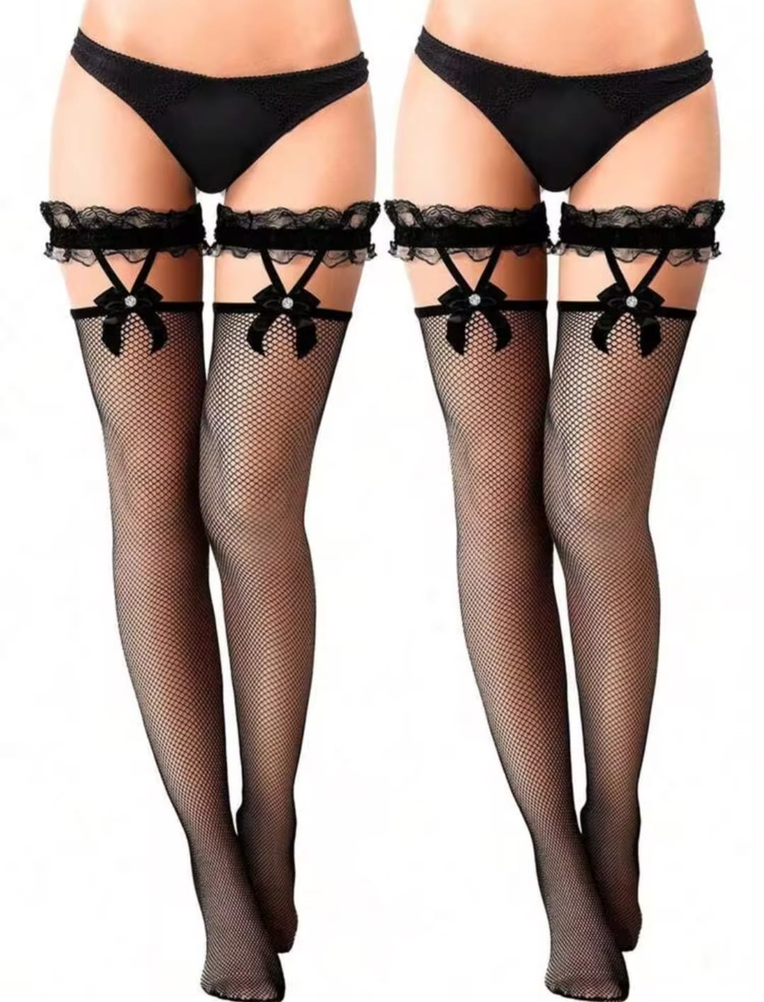 Women’s Lace Top Fishnet Thigh High Stockings with Bow & Decorative Straps – Black & White